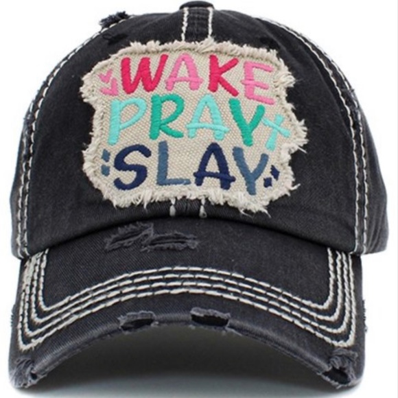 Accessories - 1442 Black Wake Pray Slay Distressed Hat Cap